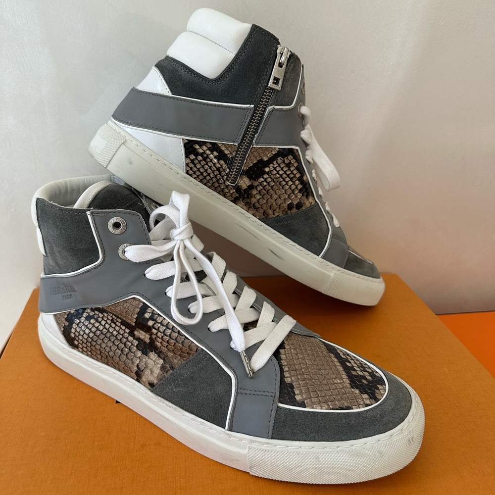 Zadig & Voltaire Gray and White Snake Pattern Sneakers